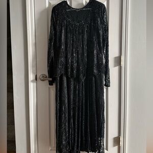 Vintage Gunit Black Beaded Lace Dress Long Sleeve Drop Waist Sz 1X Made in India